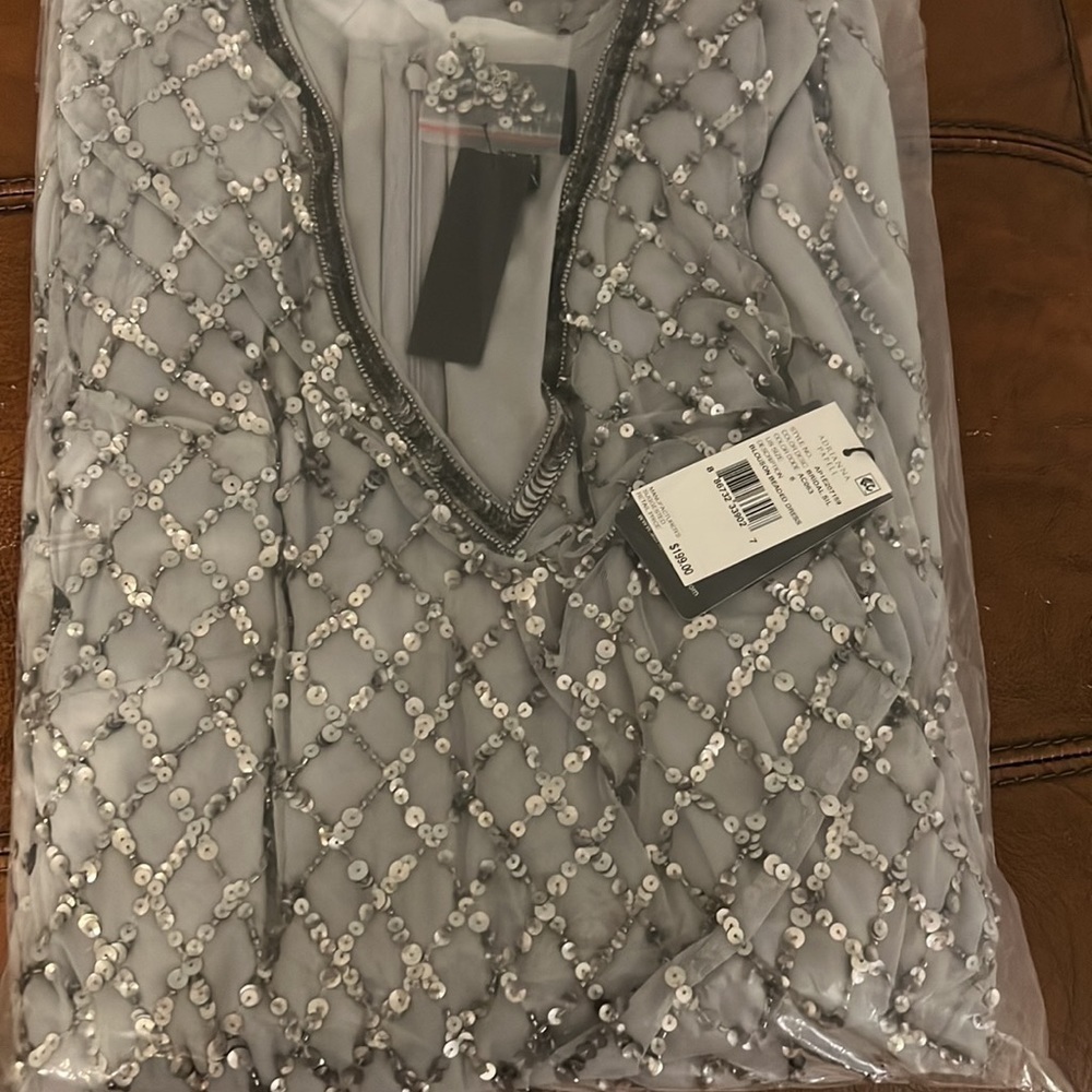 Adrianna Papell sequin lattice dress with flutter sleeves in Bridal Silver-NWT - Picture 10 of 10